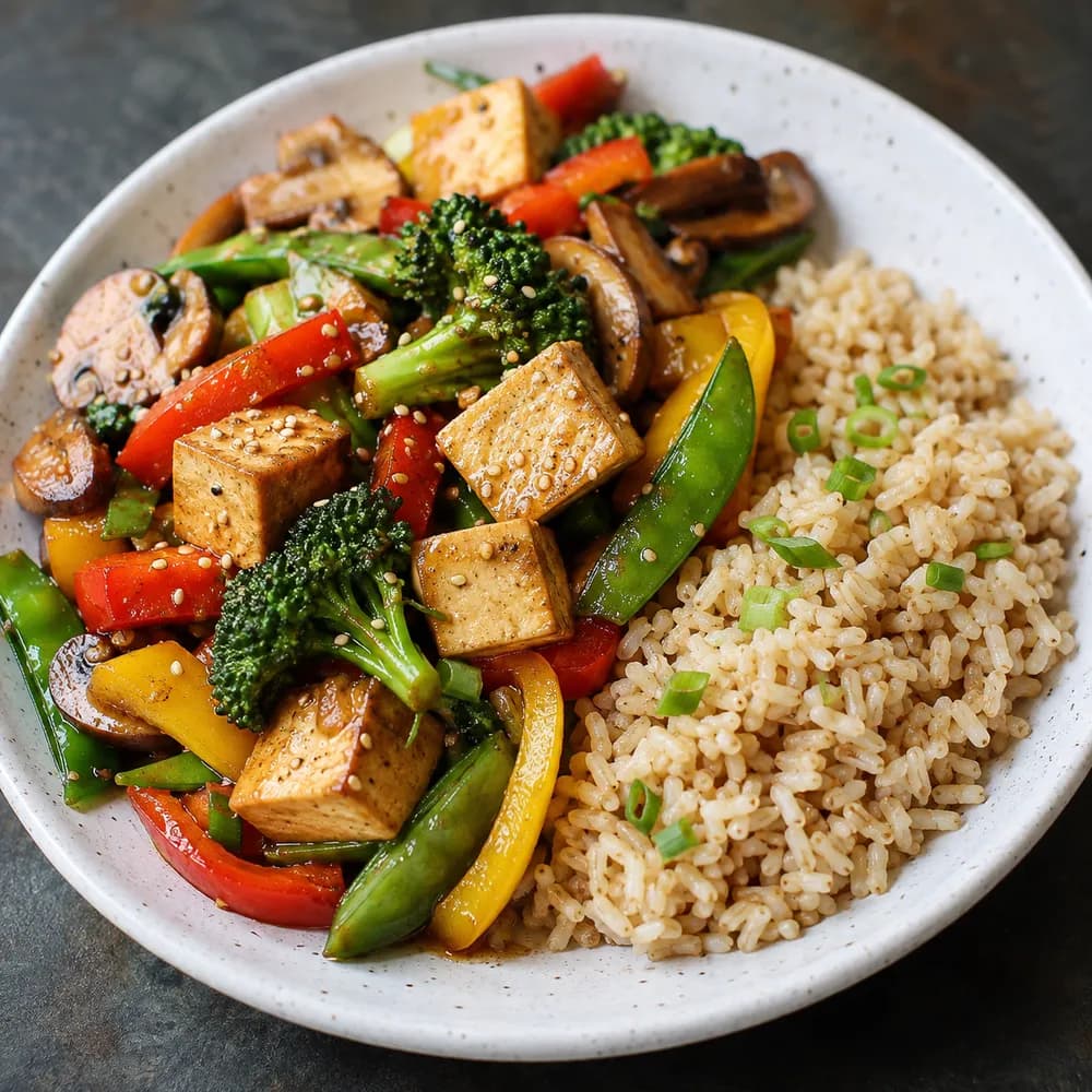 Poêlée de tofu, légumes et riz complet