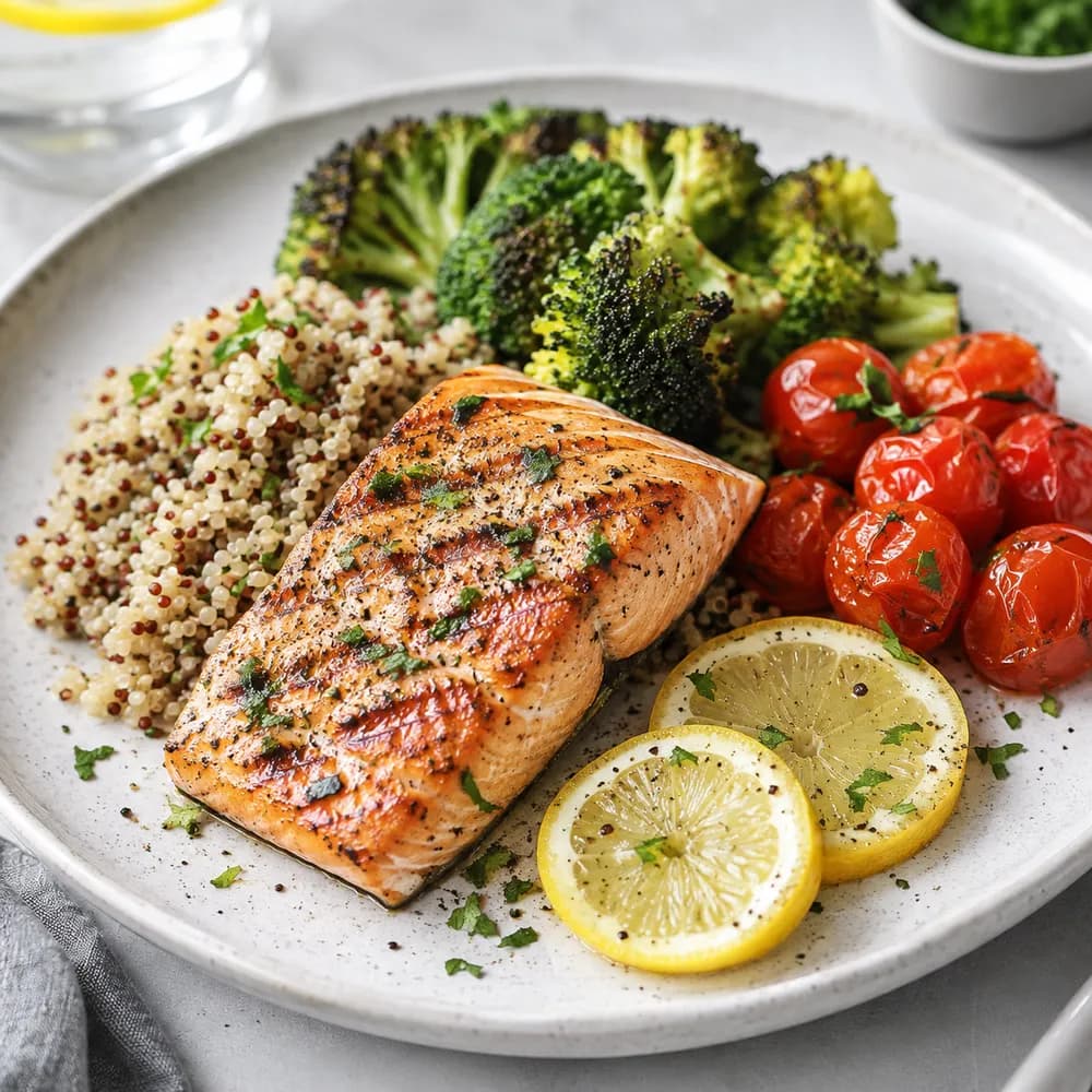 Saumon grillé, quinoa et légumes rôtis